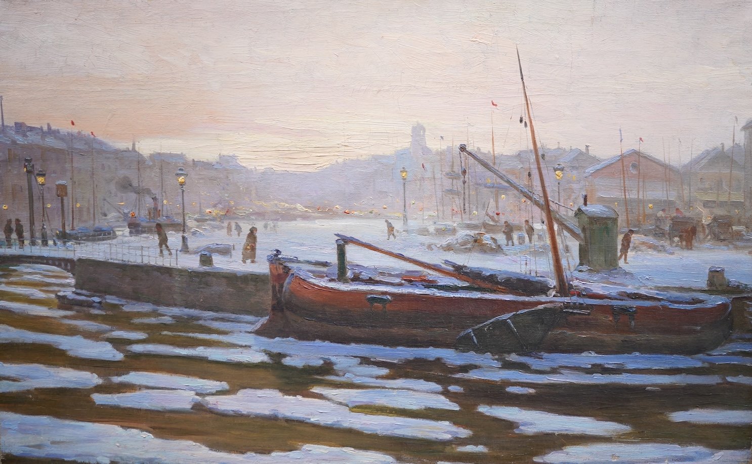 Continental school , 20th century, Frozen riverscape with figures skating
